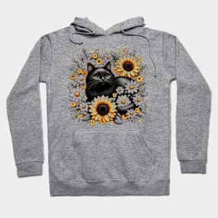 black cat encircled by white and yellow flowers Hoodie